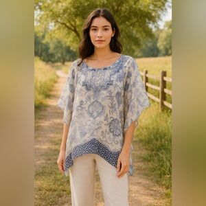 Chico’s Sheer Floral Poncho Top S/M Boho Beachy Lagenlook Peasant Hippie